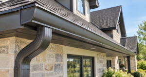 Aluminum, copper, and custom gutter types installed along a residential roofline.