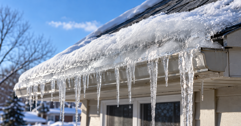 Ice dam on a snow-covered roof with icicles along the gutters