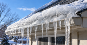 Ice dam on a snow-covered roof with icicles along the gutters